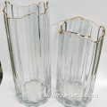 Irregularly opening ribbed cylinder glass vase tall straight